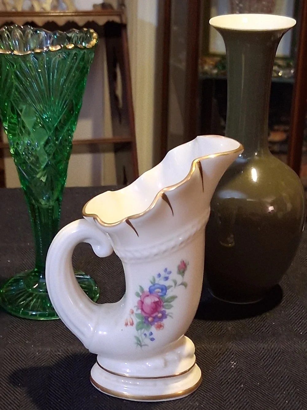 Lenox Olive Green Ceramic Bud Vase and Emerald Pressed Glass Vase